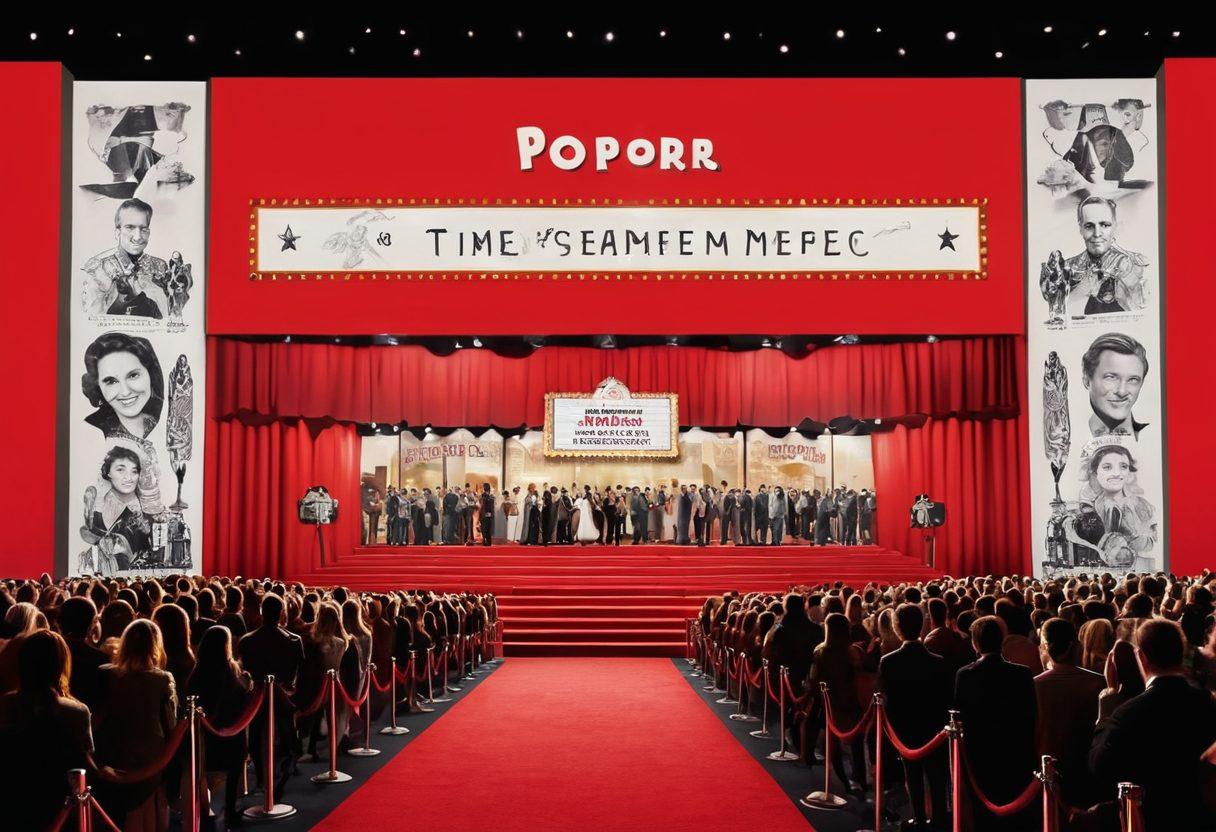 A dynamic collage of a film premiere event with a red carpet, flashing cameras, and excited fans; blended with iconic box office symbols like a theater facade, popcorn, and ticket stubs. Include silhouettes of diverse movie characters and directors in a creative way. Bright and eye-catching colors to evoke excitement and the glamour of filmmaking. super-realistic. vibrant colors. white background.